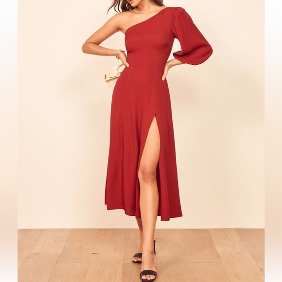 Reformation Lawrence Red Asymmetrical One-Shoulder Cocktail Dress Sz 12 - Picture 13 of 16